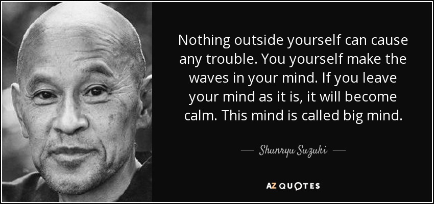 Nothing outside yourself can cause any trouble. You yourself make the waves in your mind. If you leave your mind as it is, it will become calm. This mind is called big mind. - Shunryu Suzuki