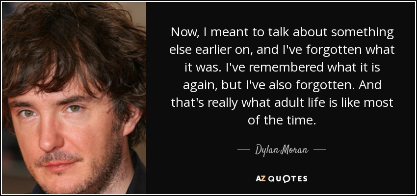 Now, I meant to talk about something else earlier on, and I've forgotten what it was. I've remembered what it is again, but I've also forgotten. And that's really what adult life is like most of the time. - Dylan Moran