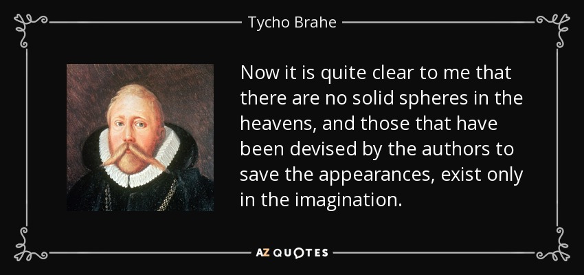 Now it is quite clear to me that there are no solid spheres in the heavens, and those that have been devised by the authors to save the appearances, exist only in the imagination. - Tycho Brahe