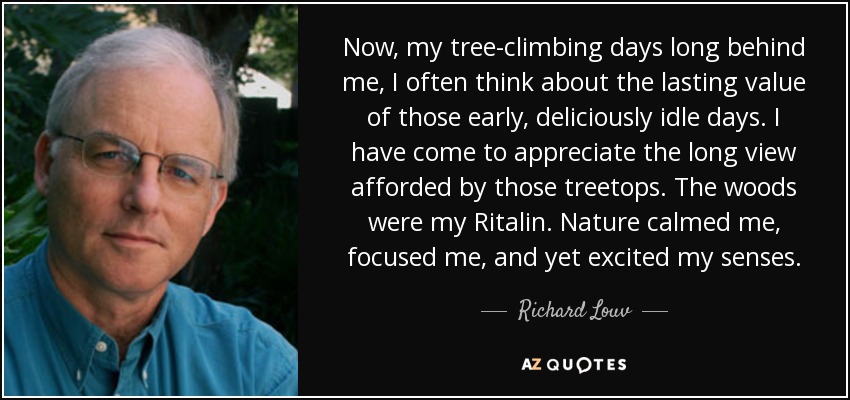 Now, my tree-climbing days long behind me, I often think about the lasting value of those early, deliciously idle days. I have come to appreciate the long view afforded by those treetops. The woods were my Ritalin. Nature calmed me, focused me, and yet excited my senses. - Richard Louv