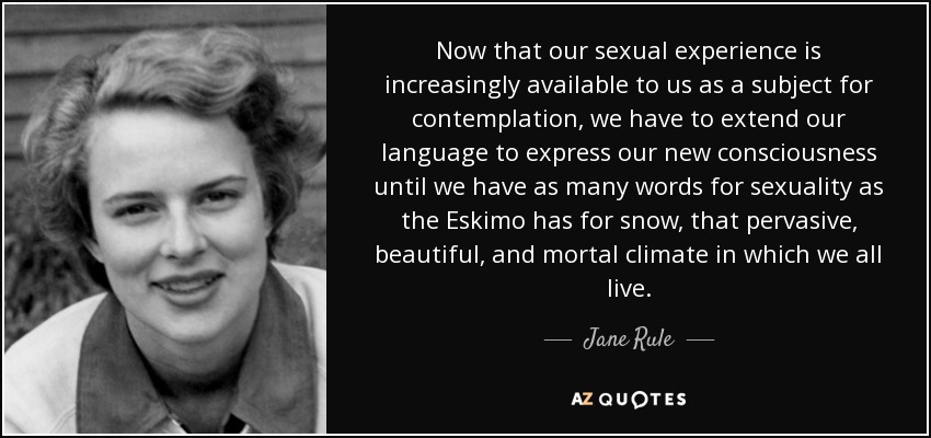 Now that our sexual experience is increasingly available to us as a subject for contemplation, we have to extend our language to express our new consciousness until we have as many words for sexuality as the Eskimo has for snow, that pervasive, beautiful, and mortal climate in which we all live. - Jane Rule