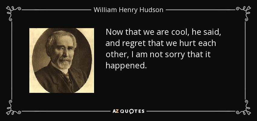 Now that we are cool, he said, and regret that we hurt each other, I am not sorry that it happened. - William Henry Hudson