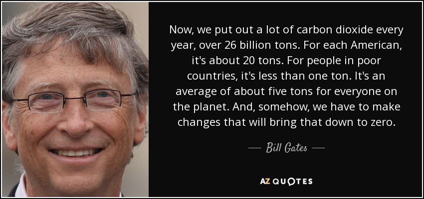 Now, we put out a lot of carbon dioxide every year, over 26 billion tons. For each American, it's about 20 tons. For people in poor countries, it's less than one ton. It's an average of about five tons for everyone on the planet. And, somehow, we have to make changes that will bring that down to zero. - Bill Gates
