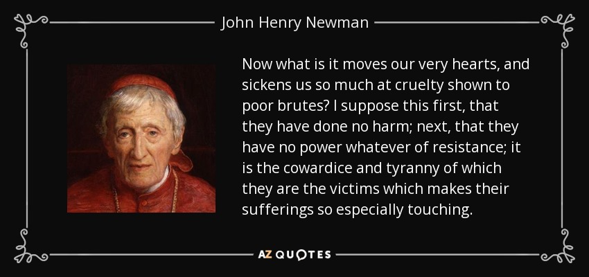 Now what is it moves our very hearts, and sickens us so much at cruelty shown to poor brutes? I suppose this first, that they have done no harm; next, that they have no power whatever of resistance; it is the cowardice and tyranny of which they are the victims which makes their sufferings so especially touching. - John Henry Newman