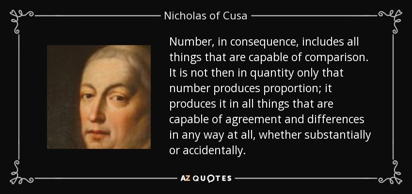 Number, in consequence, includes all things that are capable of comparison. It is not then in quantity only that number produces proportion; it produces it in all things that are capable of agreement and differences in any way at all, whether substantially or accidentally. - Nicholas of Cusa