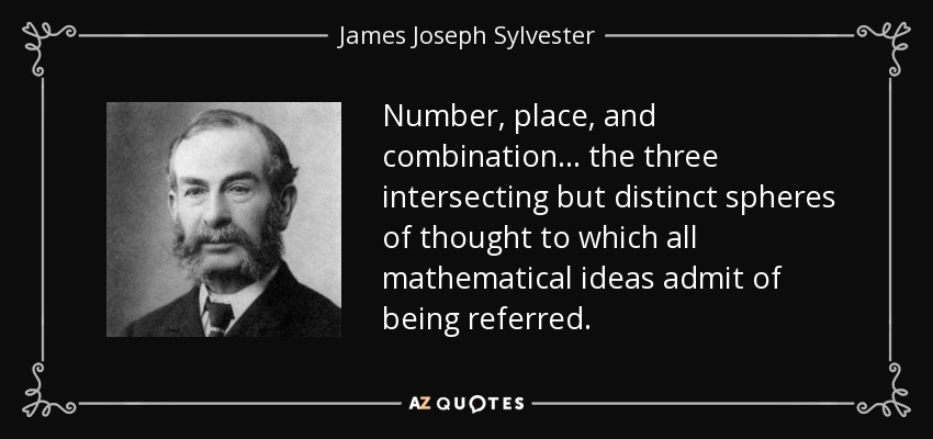 Number, place, and combination . . . the three intersecting but distinct spheres of thought to which all mathematical ideas admit of being referred. - James Joseph Sylvester