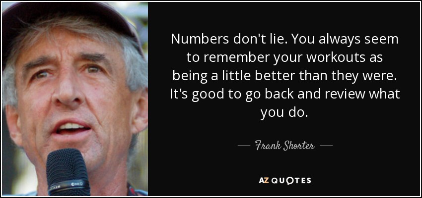 Numbers don't lie. You always seem to remember your workouts as being a little better than they were. It's good to go back and review what you do. - Frank Shorter