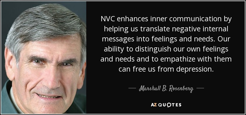 NVC enhances inner communication by helping us translate negative internal messages into feelings and needs. Our ability to distinguish our own feelings and needs and to empathize with them can free us from depression. - Marshall B. Rosenberg