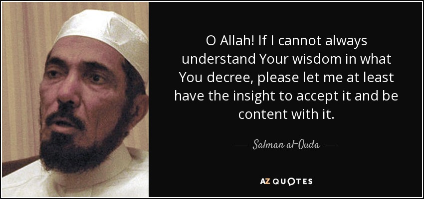 O Allah! If I cannot always understand Your wisdom in what You decree, please let me at least have the insight to accept it and be content with it. - Salman al-Ouda