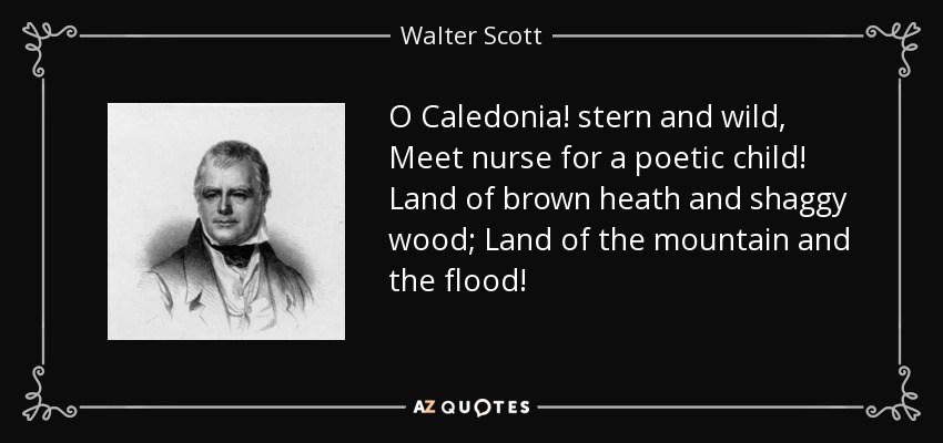 O Caledonia! stern and wild, Meet nurse for a poetic child! Land of brown heath and shaggy wood; Land of the mountain and the flood! - Walter Scott