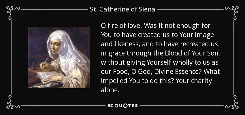 O fire of love! Was it not enough for You to have created us to Your image and likeness, and to have recreated us in grace through the Blood of Your Son, without giving Yourself wholly to us as our Food, O God, Divine Essence? What impelled You to do this? Your charity alone. - St. Catherine of Siena