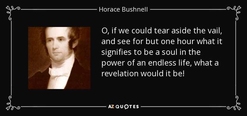 O, if we could tear aside the vail, and see for but one hour what it signifies to be a soul in the power of an endless life, what a revelation would it be! - Horace Bushnell