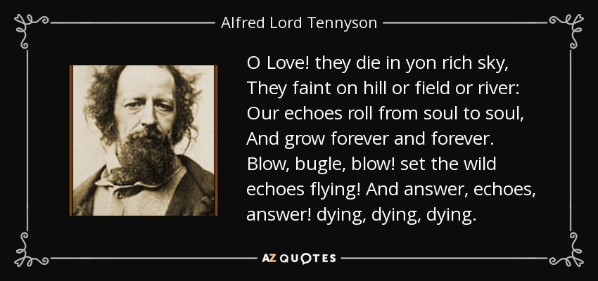 O Love! they die in yon rich sky, They faint on hill or field or river: Our echoes roll from soul to soul, And grow forever and forever. Blow, bugle, blow! set the wild echoes flying! And answer, echoes, answer! dying, dying, dying. - Alfred Lord Tennyson