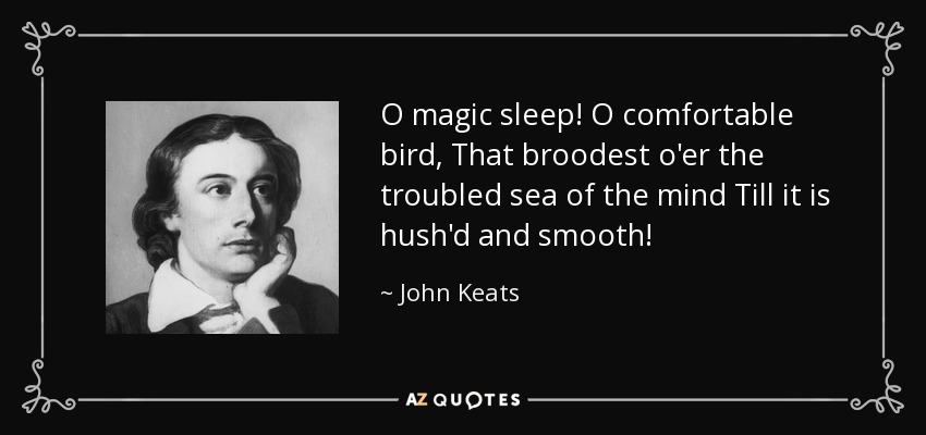 O magic sleep! O comfortable bird, That broodest o'er the troubled sea of the mind Till it is hush'd and smooth! - John Keats