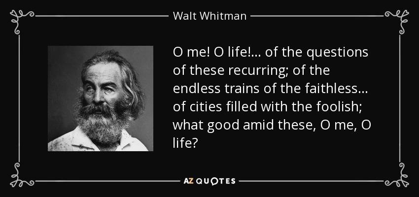 O me! O life!... of the questions of these recurring; of the endless trains of the faithless... of cities filled with the foolish; what good amid these, O me, O life? - Walt Whitman