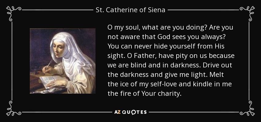 O my soul, what are you doing? Are you not aware that God sees you always? You can never hide yourself from His sight. O Father, have pity on us because we are blind and in darkness. Drive out the darkness and give me light. Melt the ice of my self-love and kindle in me the fire of Your charity. - St. Catherine of Siena