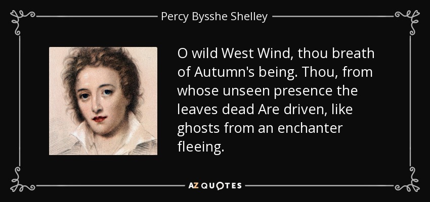 O wild West Wind, thou breath of Autumn's being. Thou, from whose unseen presence the leaves dead Are driven, like ghosts from an enchanter fleeing. - Percy Bysshe Shelley