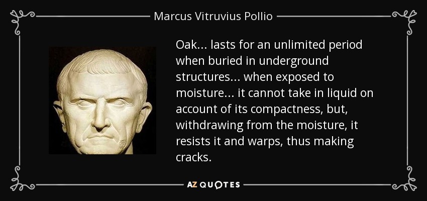 Oak... lasts for an unlimited period when buried in underground structures... when exposed to moisture... it cannot take in liquid on account of its compactness, but, withdrawing from the moisture, it resists it and warps, thus making cracks. - Marcus Vitruvius Pollio