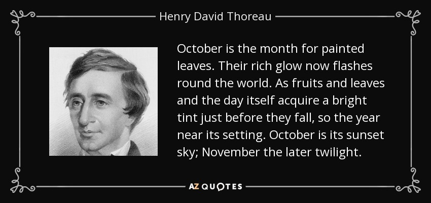 October is the month for painted leaves. Their rich glow now flashes round the world. As fruits and leaves and the day itself acquire a bright tint just before they fall, so the year near its setting. October is its sunset sky; November the later twilight. - Henry David Thoreau