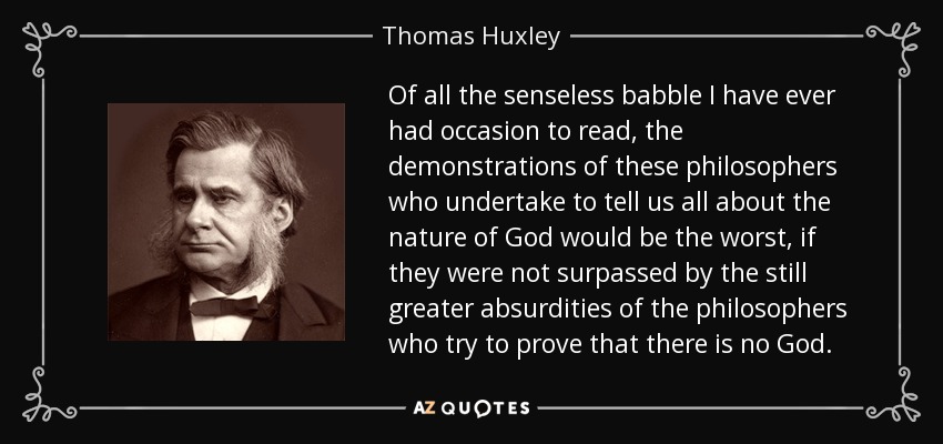 Of all the senseless babble I have ever had occasion to read, the demonstrations of these philosophers who undertake to tell us all about the nature of God would be the worst, if they were not surpassed by the still greater absurdities of the philosophers who try to prove that there is no God. - Thomas Huxley