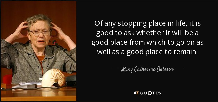 Of any stopping place in life, it is good to ask whether it will be a good place from which to go on as well as a good place to remain. - Mary Catherine Bateson