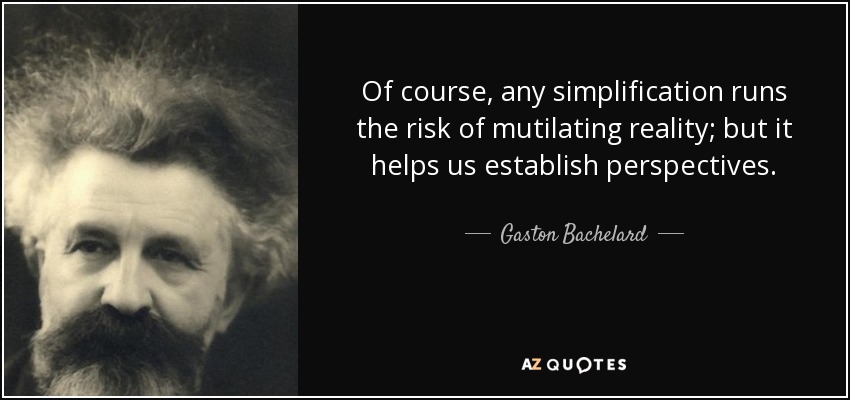 Of course, any simplification runs the risk of mutilating reality; but it helps us establish perspectives. - Gaston Bachelard