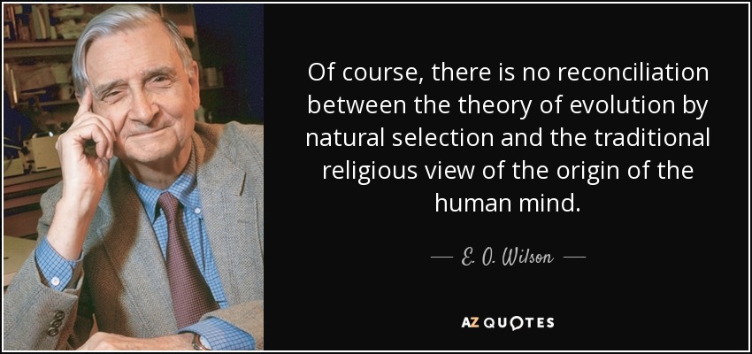 Of course, there is no reconciliation between the theory of evolution by natural selection and the traditional religious view of the origin of the human mind. - E. O. Wilson