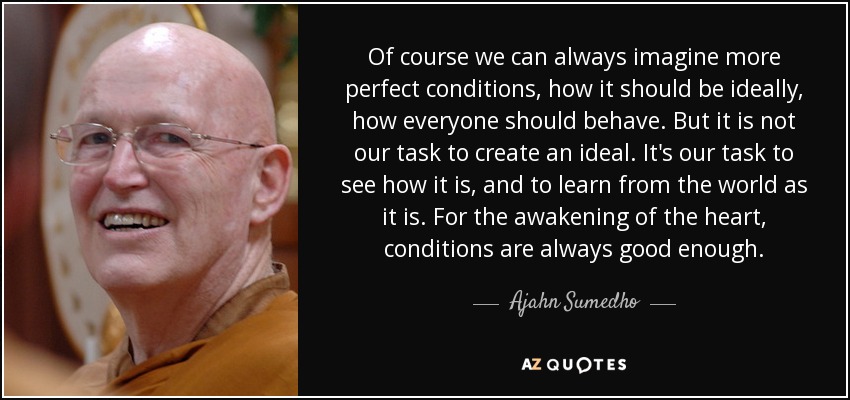 Of course we can always imagine more perfect conditions, how it should be ideally, how everyone should behave. But it is not our task to create an ideal. It's our task to see how it is, and to learn from the world as it is. For the awakening of the heart, conditions are always good enough. - Ajahn Sumedho