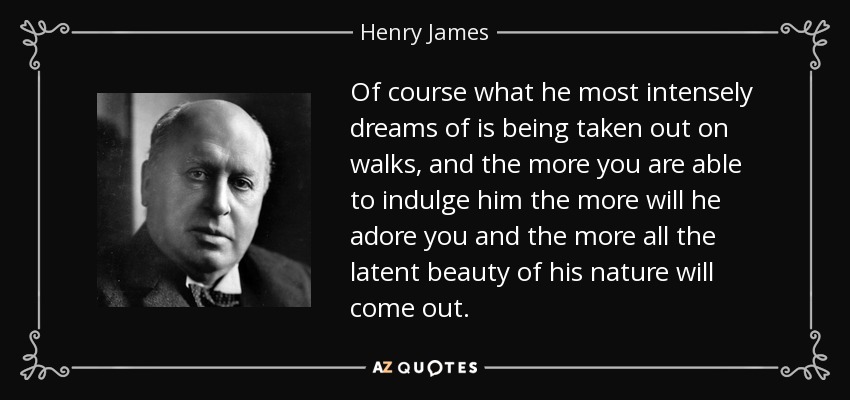 Of course what he most intensely dreams of is being taken out on walks, and the more you are able to indulge him the more will he adore you and the more all the latent beauty of his nature will come out. - Henry James