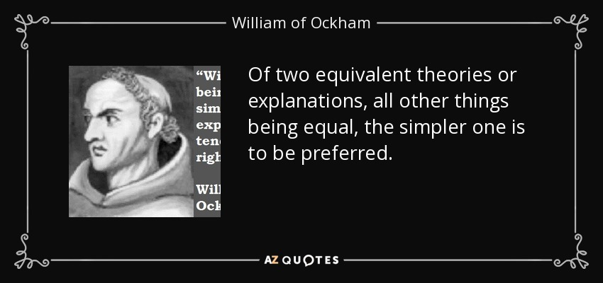 Of two equivalent theories or explanations, all other things being equal, the simpler one is to be preferred. - William of Ockham