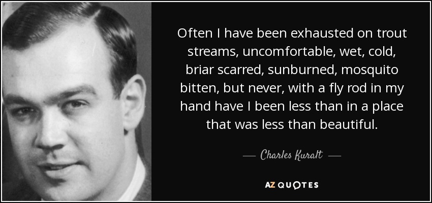 Often I have been exhausted on trout streams, uncomfortable, wet, cold, briar scarred, sunburned, mosquito bitten, but never, with a fly rod in my hand have I been less than in a place that was less than beautiful. - Charles Kuralt