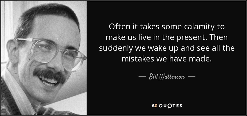 Often it takes some calamity to make us live in the present. Then suddenly we wake up and see all the mistakes we have made. - Bill Watterson