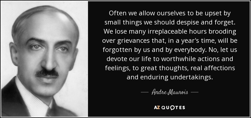 Often we allow ourselves to be upset by small things we should despise and forget. We lose many irreplaceable hours brooding over grievances that, in a year's time, will be forgotten by us and by everybody. No, let us devote our life to worthwhile actions and feelings, to great thoughts, real affections and enduring undertakings. - Andre Maurois