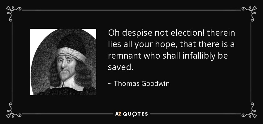 Oh despise not election! therein lies all your hope, that there is a remnant who shall infallibly be saved. - Thomas Goodwin