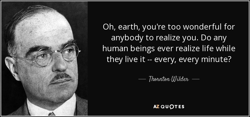 Oh, earth, you're too wonderful for anybody to realize you. Do any human beings ever realize life while they live it -- every, every minute? - Thornton Wilder