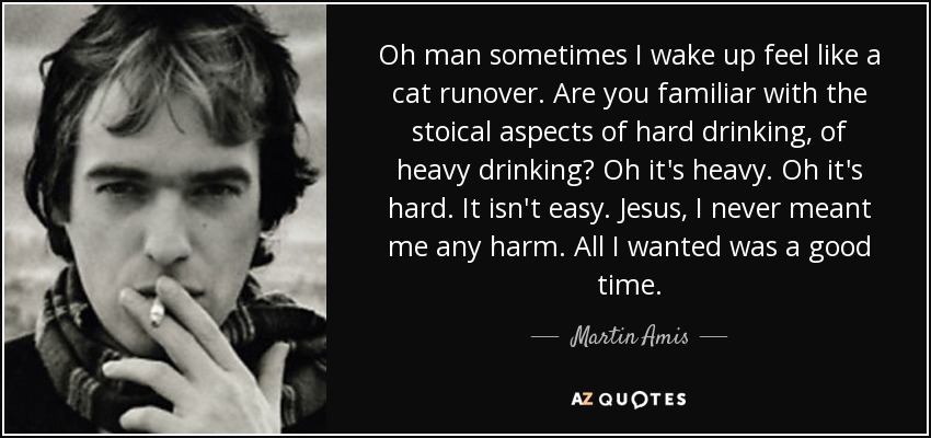Oh man sometimes I wake up feel like a cat runover. Are you familiar with the stoical aspects of hard drinking, of heavy drinking? Oh it's heavy. Oh it's hard. It isn't easy. Jesus, I never meant me any harm. All I wanted was a good time. - Martin Amis