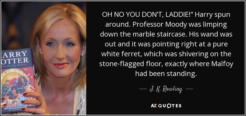 OH NO YOU DON’T, LADDIE!” Harry spun around. Professor Moody was limping down the marble staircase. His wand was out and it was pointing right at a pure white ferret, which was shivering on the stone-flagged floor, exactly where Malfoy had been standing. - J. K. Rowling