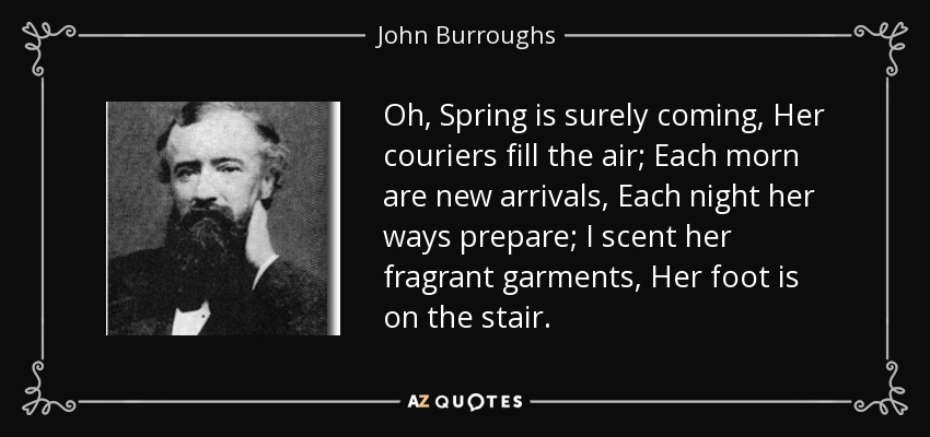 Oh, Spring is surely coming, Her couriers fill the air; Each morn are new arrivals, Each night her ways prepare; I scent her fragrant garments, Her foot is on the stair. - John Burroughs