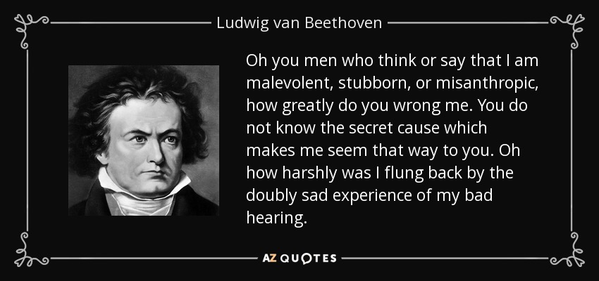 Oh you men who think or say that I am malevolent, stubborn, or misanthropic, how greatly do you wrong me. You do not know the secret cause which makes me seem that way to you. Oh how harshly was I flung back by the doubly sad experience of my bad hearing. - Ludwig van Beethoven