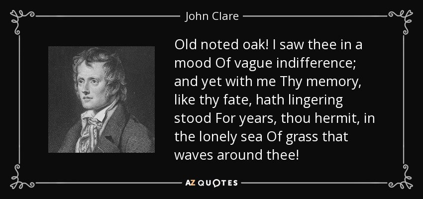 Old noted oak! I saw thee in a mood Of vague indifference; and yet with me Thy memory, like thy fate, hath lingering stood For years, thou hermit, in the lonely sea Of grass that waves around thee! - John Clare
