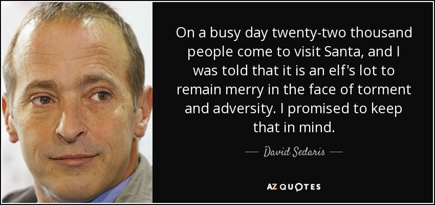 On a busy day twenty-two thousand people come to visit Santa, and I was told that it is an elf's lot to remain merry in the face of torment and adversity. I promised to keep that in mind. - David Sedaris