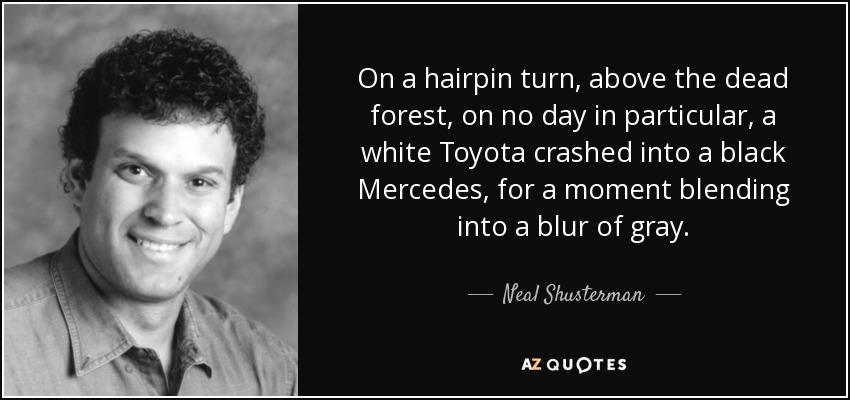 On a hairpin turn, above the dead forest, on no day in particular, a white Toyota crashed into a black Mercedes, for a moment blending into a blur of gray. - Neal Shusterman