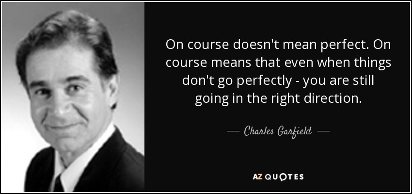 On course doesn't mean perfect. On course means that even when things don't go perfectly - you are still going in the right direction. - Charles Garfield