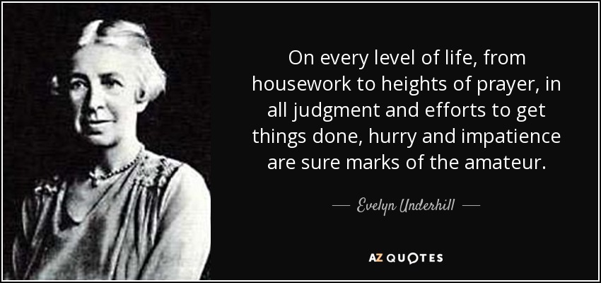 On every level of life, from housework to heights of prayer, in all judgment and efforts to get things done, hurry and impatience are sure marks of the amateur. - Evelyn Underhill