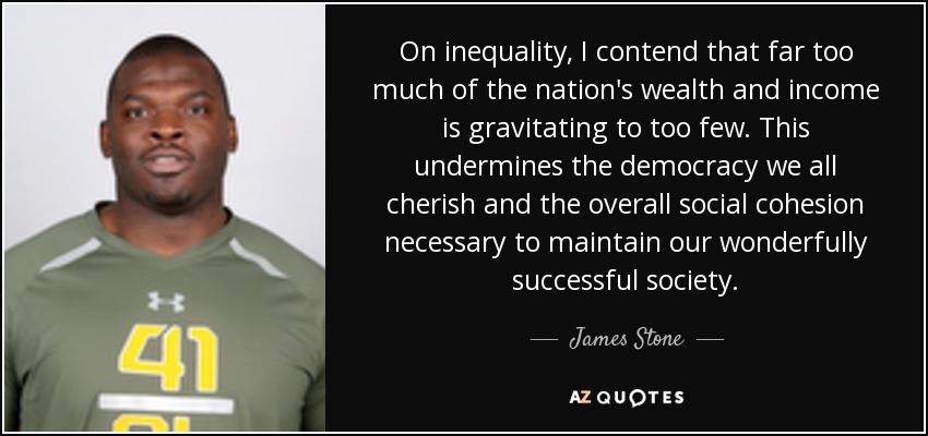 On inequality, I contend that far too much of the nation's wealth and income is gravitating to too few. This undermines the democracy we all cherish and the overall social cohesion necessary to maintain our wonderfully successful society. - James Stone