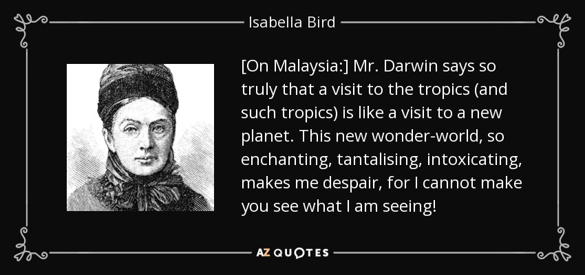 [On Malaysia:] Mr. Darwin says so truly that a visit to the tropics (and such tropics) is like a visit to a new planet. This new wonder-world, so enchanting, tantalising, intoxicating, makes me despair, for I cannot make you see what I am seeing! - Isabella Bird