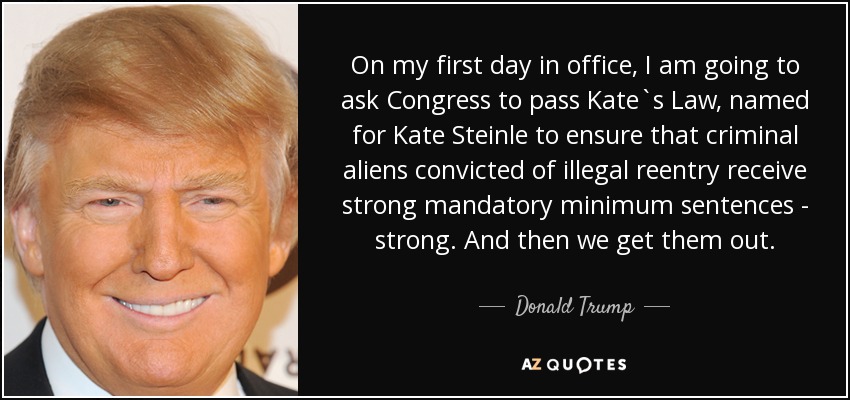On my first day in office, I am going to ask Congress to pass Kate`s Law, named for Kate Steinle to ensure that criminal aliens convicted of illegal reentry receive strong mandatory minimum sentences - strong. And then we get them out. - Donald Trump