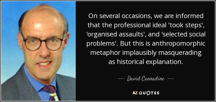 On several occasions, we are informed that the professional ideal 'took steps', 'organised assaults', and 'selected social problems'. But this is anthropomorphic metaphor implausibly masquerading as historical explanation. - David Cannadine