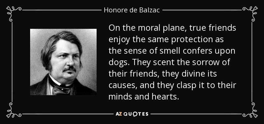 On the moral plane, true friends enjoy the same protection as the sense of smell confers upon dogs. They scent the sorrow of their friends, they divine its causes, and they clasp it to their minds and hearts. - Honore de Balzac