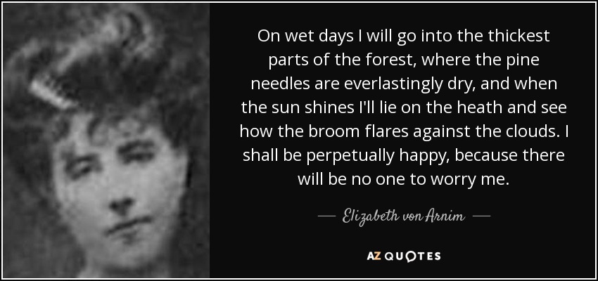 On wet days I will go into the thickest parts of the forest, where the pine needles are everlastingly dry, and when the sun shines I'll lie on the heath and see how the broom flares against the clouds. I shall be perpetually happy, because there will be no one to worry me. - Elizabeth von Arnim